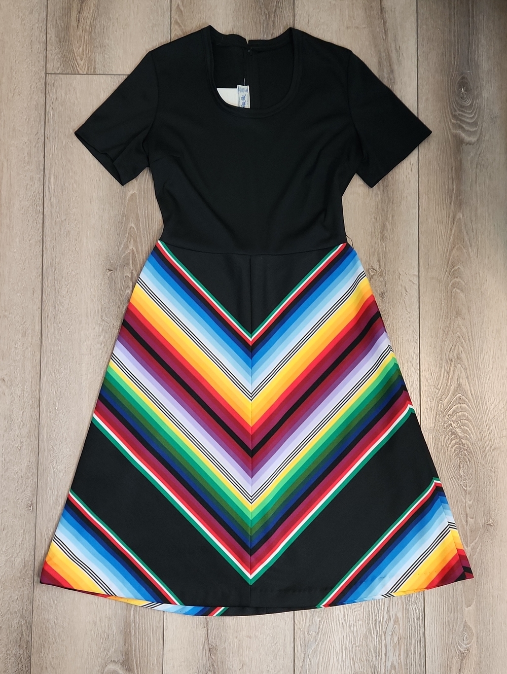 Vintage Black Short-Sleeve Midi Dress with Rainbow Chevron Skirt